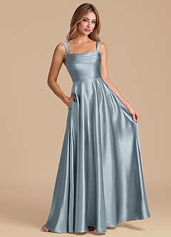 Azazie Shaude 신부 들러리 드레스 A라인 주름진 메탈릭 새틴 바닥 길이 드레스 image3