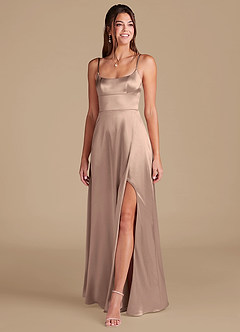 Azazie Halsey Bridesmaid Dresses Taupe A-Line Side Slit Metallic Satin Dress image3