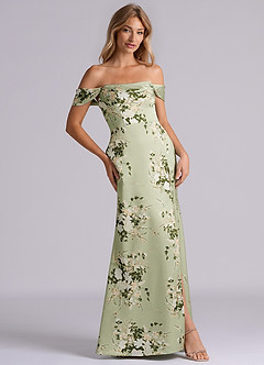 Azazie Saige Bridesmaid Dresses Floral Vines Sheath Off the Shoulder Stretch Satin Dress image5