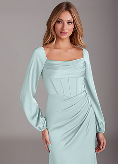 Azazie Charissa Bridesmaid Dresses Sea Glass Sheath Long Sleeve Stretch Satin Dress image7