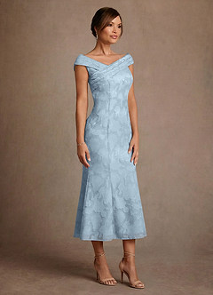 Azazie Keith Mother of the Bride Dresses Sky Blue Sheath Pleated Floral Burnout Dress image3