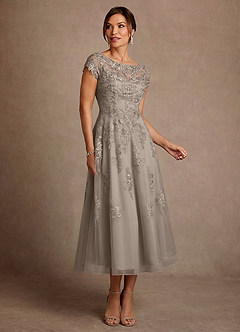 Azazie Jolanda Mother of the Bride Dresses Taupe A-Line Lace Dress image1