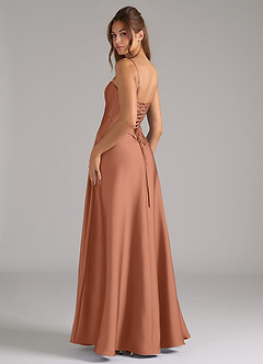 Azazie Valentine Robes de demoiselle d'honneur Robe Trapèze en Satin extensible Corset Bronze image2