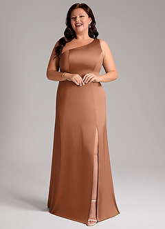 Azazie Phaedra Bridesmaid Dresses Bronzer A-Line One Shoulder Stretch Satin Dress image6