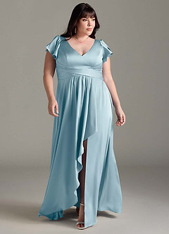 Azazie Omari Vestidos de damas de honor Vestido de Azul Malhumorado de Satén Elástico de Corte en A image8