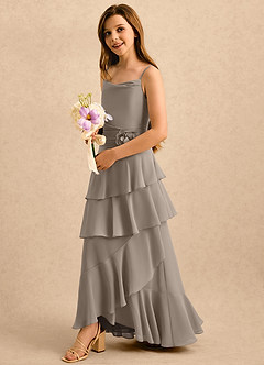 Azazie Indiah Girls Formal Blumenmädchenkleider A-Linie Gestreift Chiffon Kleid Taupe image4