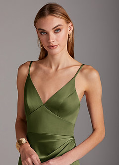 Azazie Shania Bridesmaid Dresses Olive Sheath V-Neck Pleated Stretch Satin Dress image5