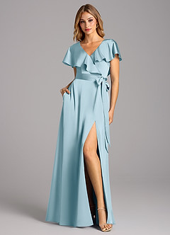 Azazie Lainey Bridesmaid Dresses Sky Blue A-Line with Pockets Stretch Satin Dress image3