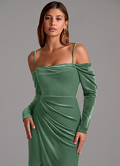 Azazie Hallie Bridesmaid Dresses Eucalyptus Mermaid Long Sleeve Velvet Convertible Dress image2