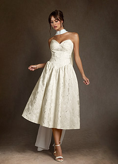 Azazie Devam Wedding Dresses Cream A-Line Strapless Floral Jacquard Dress image3