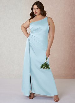 Azazie Mika Vestidos de damas de honor Vestido de Azul Cielo de Satén Elástico de Corte Recto con Hombro unilateral image8