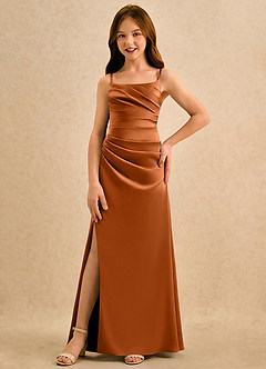 Azazie Cannoli Girls Formal Flower Girl Dresses Copper A-Line Pleated Matte Satin Dress image3