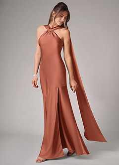 Azazie Kinsley Robes de demoiselle d'honneur Robe Sirène en Satin extensible Fente Latérale Argile image4