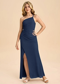 Azazie Eren Junior Vestido Azul Marinho de Chiffon de Linha A com Plissado image2