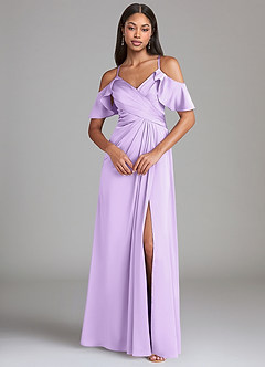 Azazie Dakota Bridesmaid Dresses Lilac A-Line Off the Shoulder Stretch Satin Dress image3