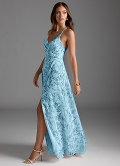 Azazie Davis Abiti da Damigella Abito A-Line in Chiffon con Scollo a V Blue Fern Floral image3