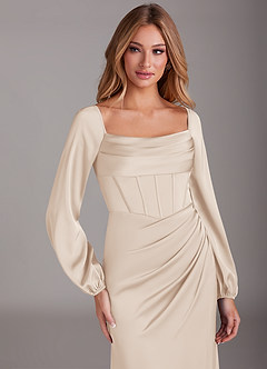 Azazie Charissa Bridesmaid Dresses White Alabaster Sheath Long Sleeve Stretch Satin Dress image7