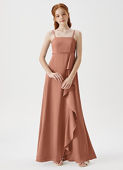 Azazie Kaylee Junior Bronzer A-Line with Belt Stretch Satin Dress image1