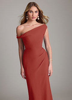 Azazie Emerson Bridesmaid Dresses Terracotta Sheath Off the Shoulder Chiffon Dress image2