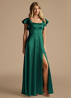 Azazie Bondi Bridesmaid Dresses Emerald A-Line Bow Metallic Satin Dress image2