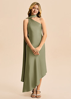 Azazie Briony Junior Vestido Pistache de Cetim elástico de Bainha com Plissado image7