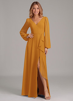 Azazie Simone Abiti da Damigella Abito A-Line in Chiffon Manica Lunga Caramello image1