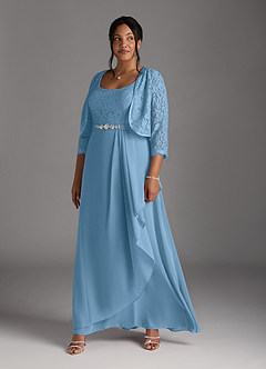 Azazie Ainsling Mother of the Bride Dresses Steel Blue A-Line Square Neckline Lace Chiffon Dress image14