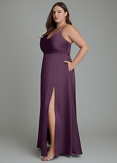 Azazie Sarella Bridesmaid Dresses Plum A-Line Pleated Stretch Satin Dress image12