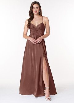 Azazie Raya Bridesmaid Dresses Espresso A-Line V-Neck Pleated Stretch Satin Dress image1