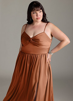 Azazie Zeya Bridesmaid Dresses Copper A-Line Pleated Stretch Satin Dress image14