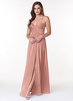 Azazie Raya Robes de demoiselle d'honneur Robe Trapèze en Satin extensible Col V plissé Rosette image3