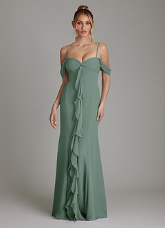Azazie Karmela Bridesmaid Dresses Eucalyptus A-Line Off the Shoulder Chiffon Dress image4