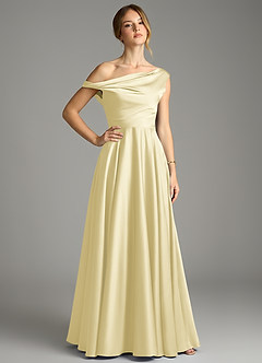 Azazie Xanthe Brautjungfernkleider Eine Linie Schulterfrei Stretch-Satin Kleid Zitronensorbet image1