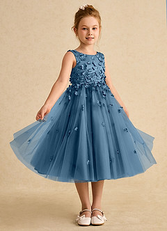 Azazie Lana Blumenmädchenkleider A-Linie ärmellos Matte Satin Kleid Bermudablau image5