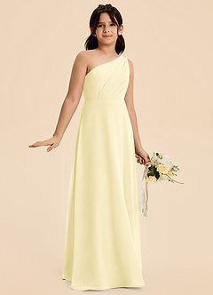 Azazie Phaedra Junior Lemon Sorbet A-Line Pleated Chiffon Dress image3