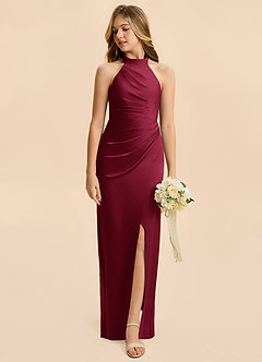 Azazie Jemma Junior Burgundy Sheath Ruched Stretch Satin Dress image3