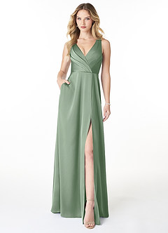 Azazie Nelly Bridesmaid Dresses Matcha A-Line V-Neck Pleated Stretch Satin Dress image1