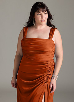 Azazie Jesaphine Robes de demoiselle d'honneur Robe Fourreau en Satin extensible Arc Orange Brûlée image12