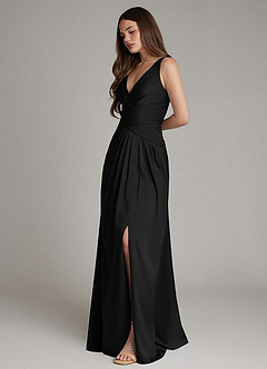 Azazie Pauline Bridesmaid Dresses Black A-Line Pleated Stretch Satin Dress image6