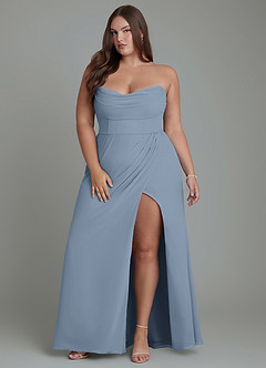 Azazie Johana Vestidos de damas de honor Vestido Azul Polvoriento de Gasa de Corte Sirena Convertible con Hombros descubiertos image16