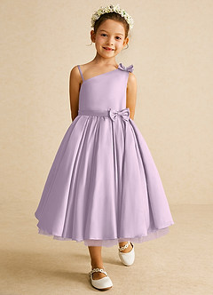 Azazie Lollipop Flower Girl Dresses Frosted Lilac A-Line One Shoulder Matte Satin Dress image2
