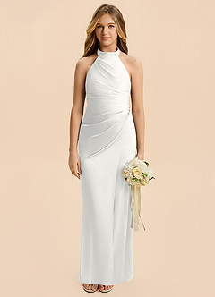 Azazie Jemma Junior White Sheath Ruched Stretch Satin Dress image1