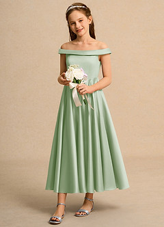 Azazie Teeny Junior Formal Jurken voor bloemenmeisjes A-Lijn Jurk van Mat Satijn Geplooid Stoffige Salie image1