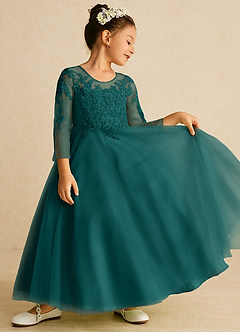 Azazie Precious Flower Girl Dresses Peacock A-Line Lace Tulle Dress image2