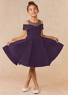 Azazie Shirin Flower Girl Dresses Plum A-Line Off the Shoulder Matte Satin Dress image1
