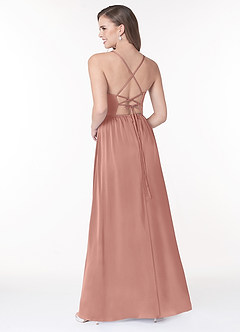 Azazie Raya Robes de demoiselle d'honneur Robe Trapèze en Satin extensible Col V plissé Rosette image2