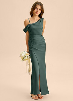 Azazie Madelyn Junior Osłona Zza ramienia Satyna elastyczna Długość podłogi Młodsza druhna Sukienka image4