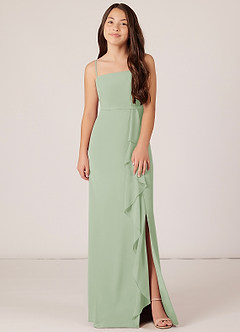 Azazie Kaylee Junior Dusty Sage A-Line with Belt Chiffon Dress image1