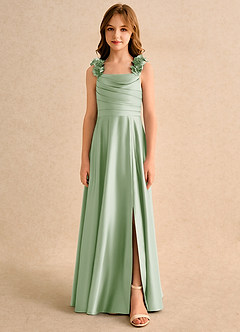 Azazie Rosita Junior Formal Robe Demoiselle D'honneur Fillette Robe Trapèze en Mat Satiné Plissée Vert Sauge image3