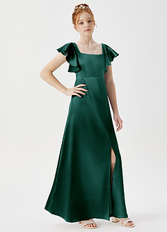 Azazie Bondi Junior Pine A-Line Side Slit Metallic Satin Dress image3